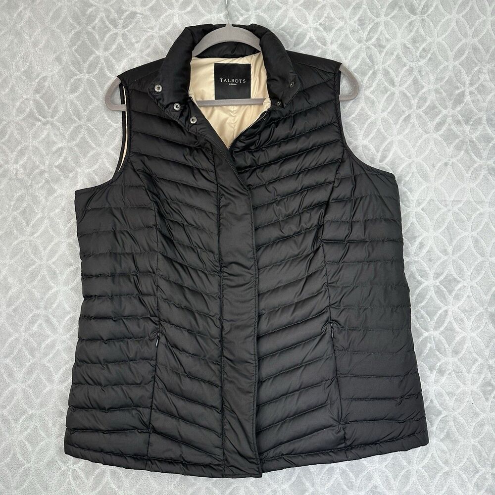 Talbots Duck Down Puffer Vest Womens Large Black Zip-Up Pockets Casual Packable